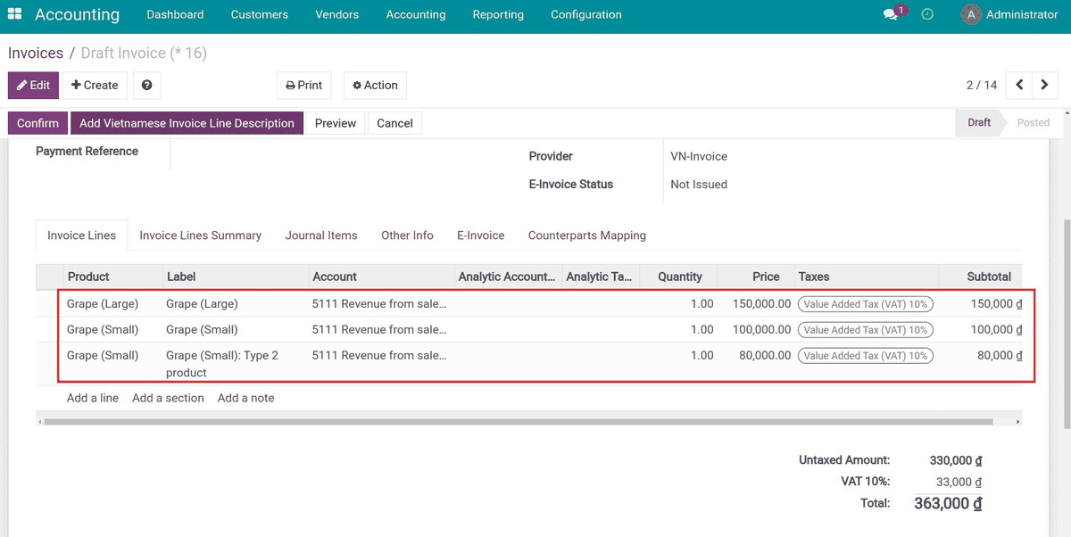 Vietnam Electronic Invoice Summary