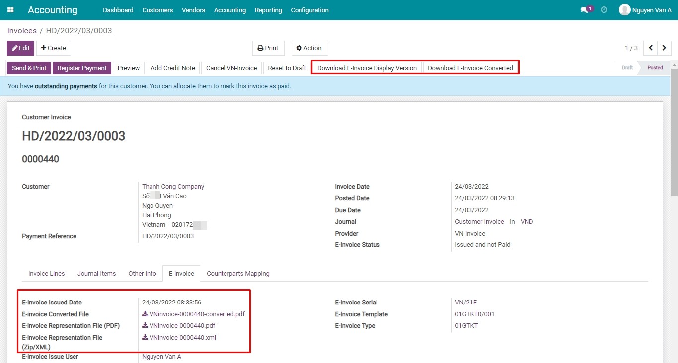 Integrates with VN-Invoice service to issue legal e-Invoice