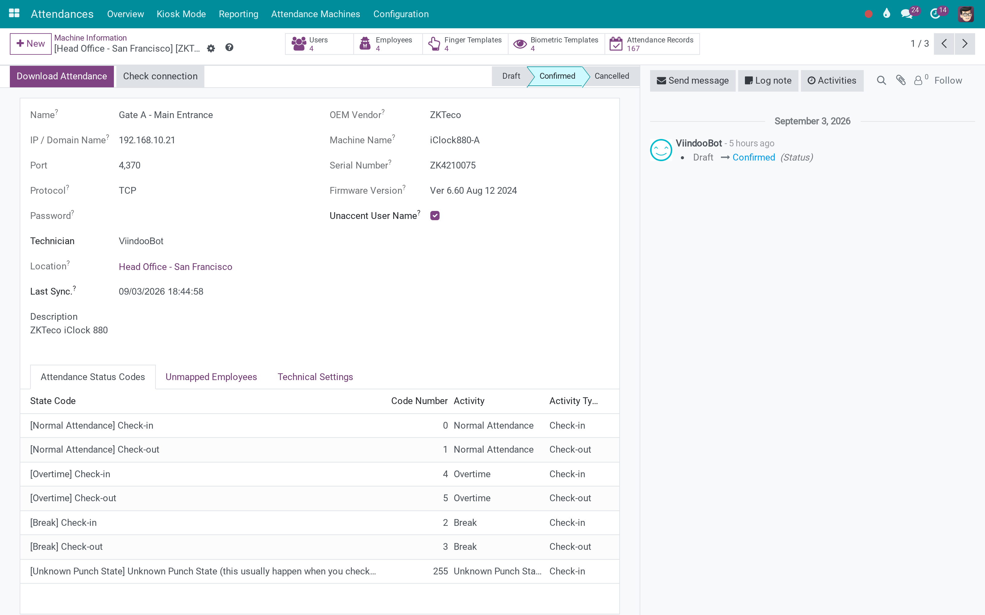 Status codes as the machine reports them, mapped to check-in, check-out, overtime or break