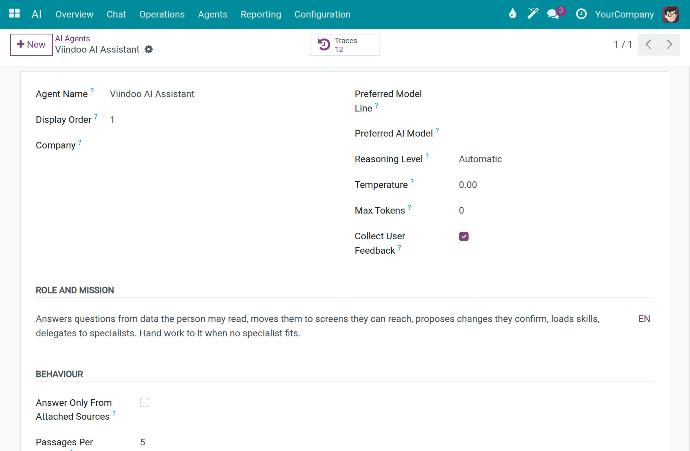 An AI assistant form with role, mission, model and feedback settings
