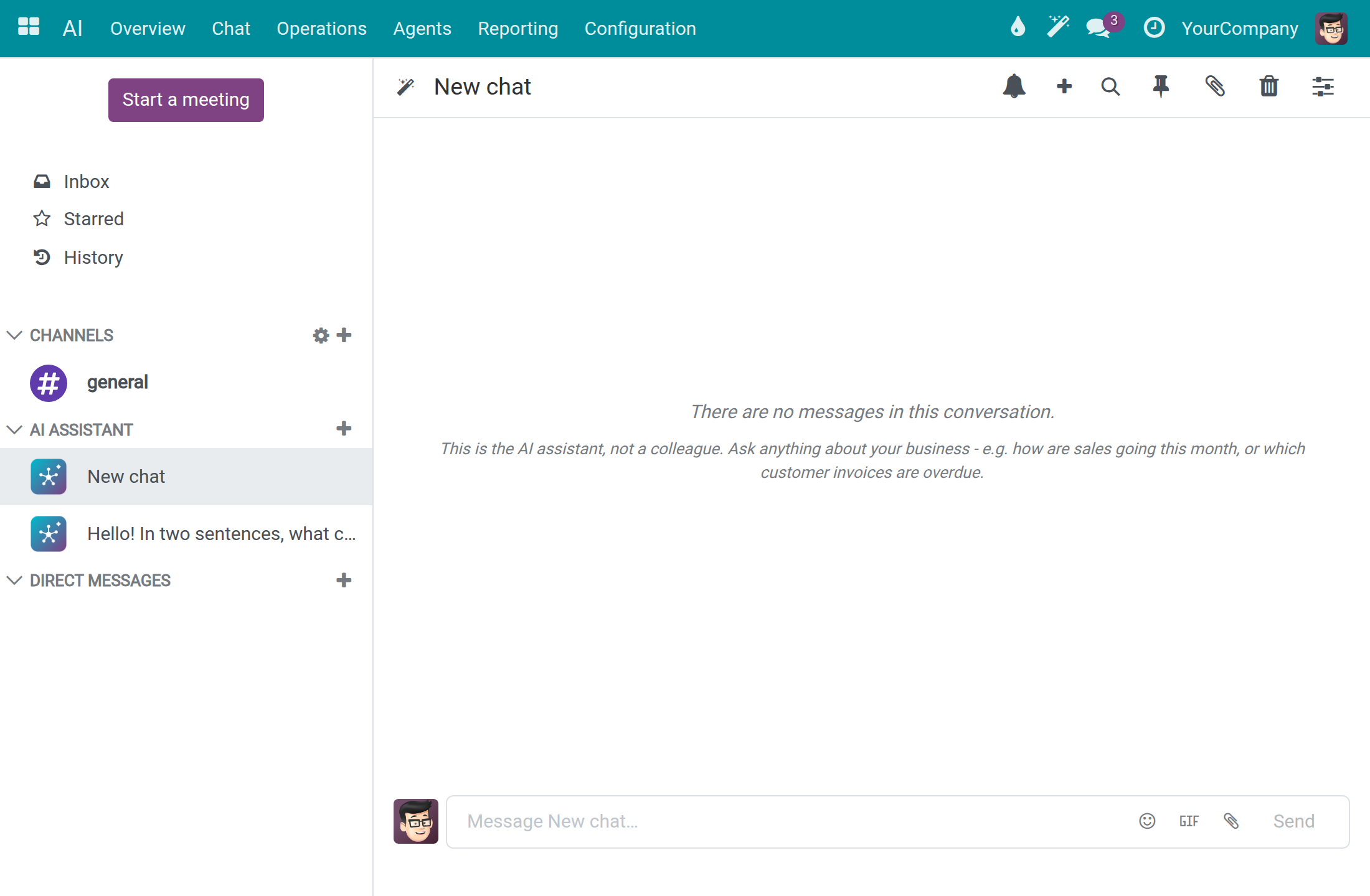 A new empty AI conversation with the hint that this is the AI assistant, not a colleague