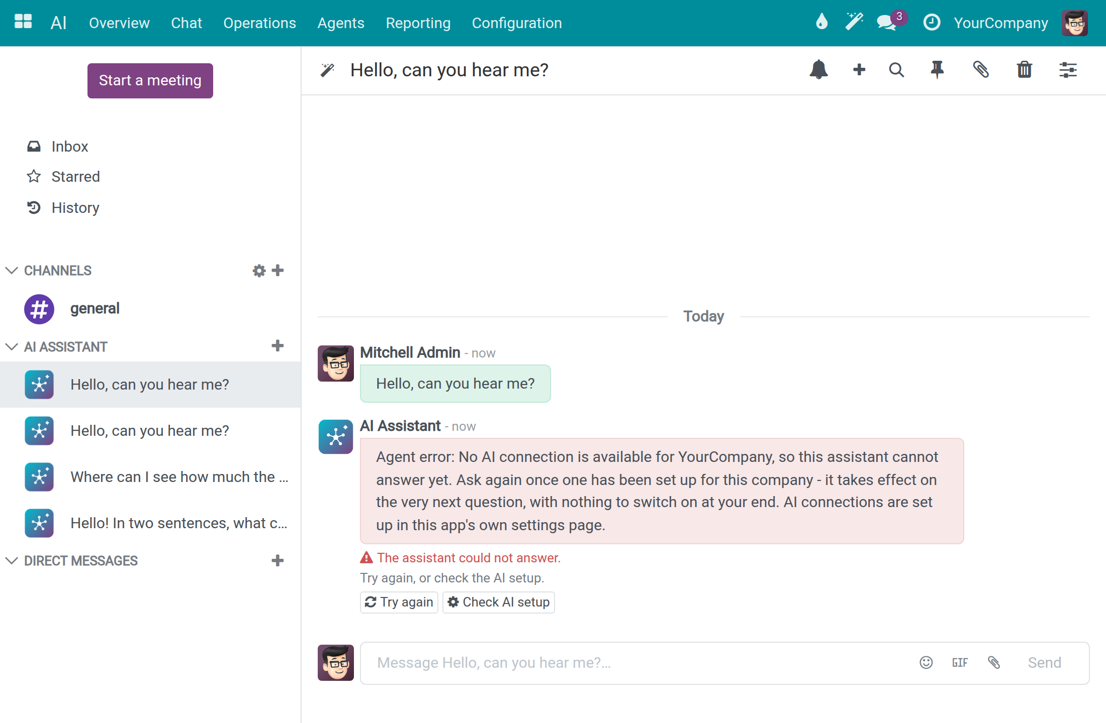 A conversation where the assistant could not answer, with the Try again and Check AI setup buttons