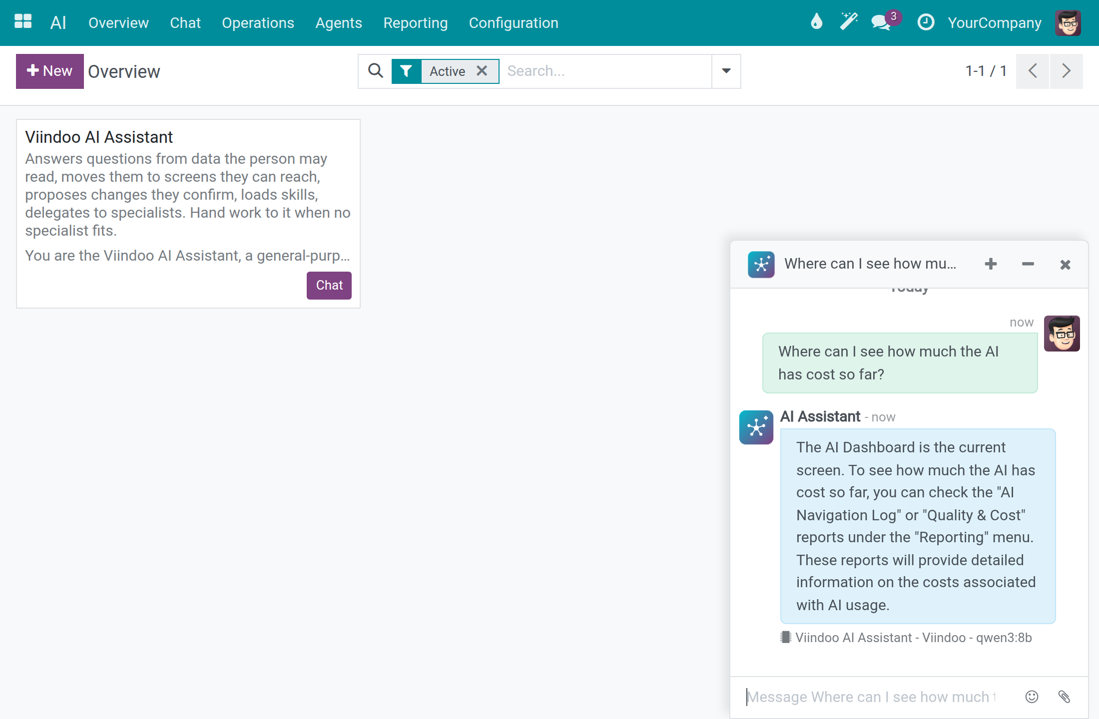 The AI chat window open at the bottom right of the AI Overview screen