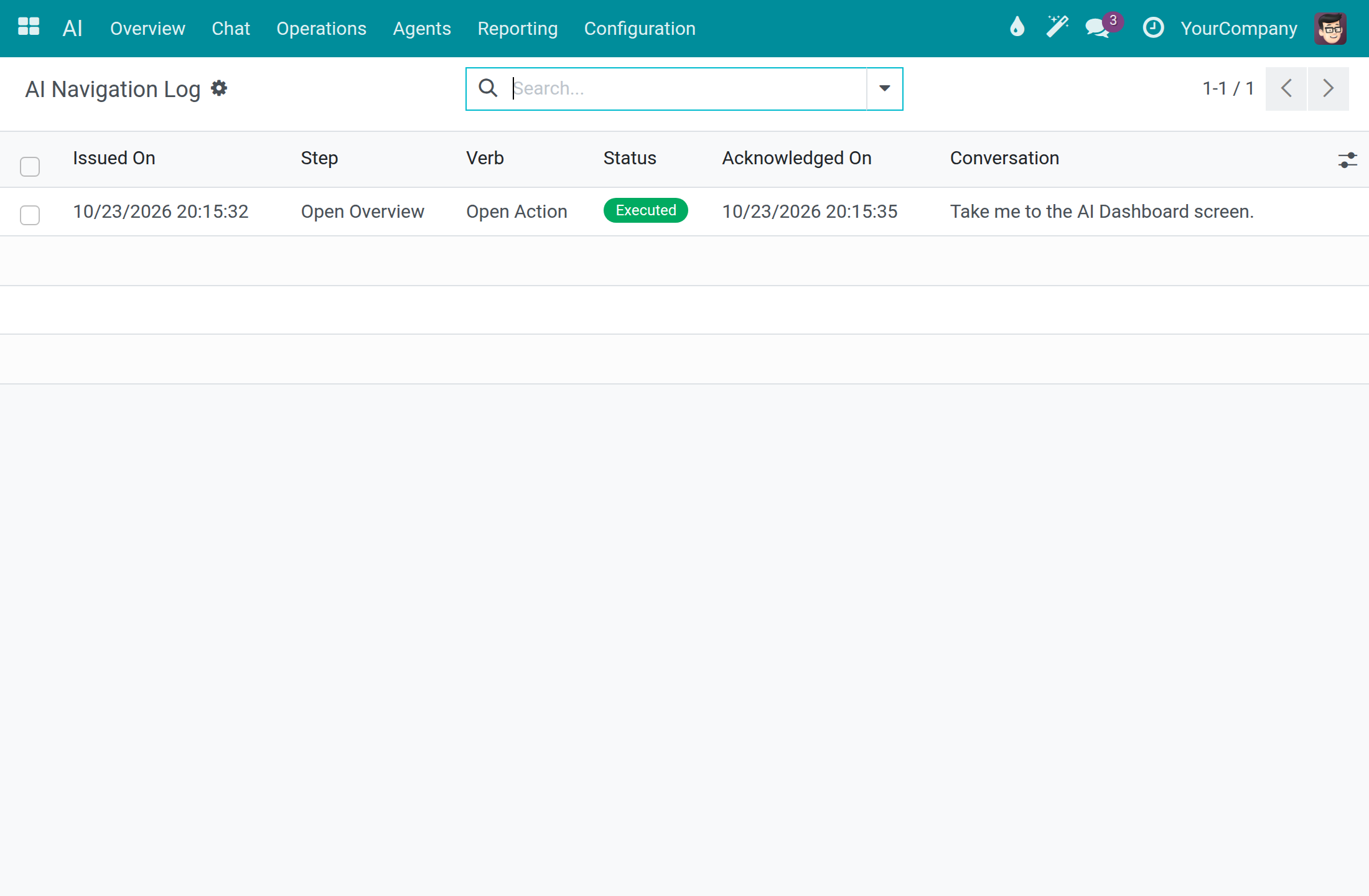 The AI Navigation Log with one executed step