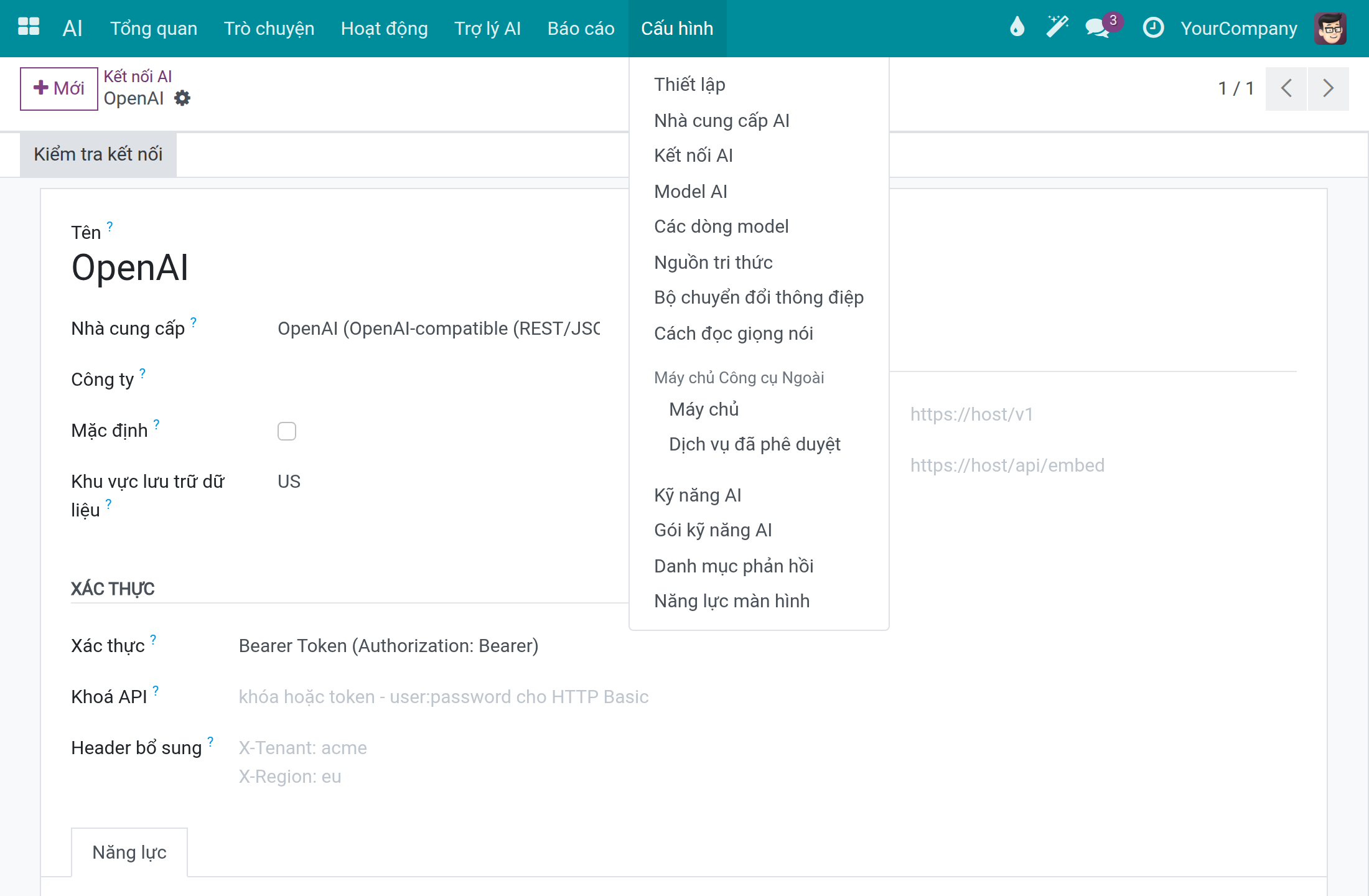 Biểu mẫu kết nối OpenAI với các trường Khu vực lưu trữ dữ liệu, Xác thực và Khoá API