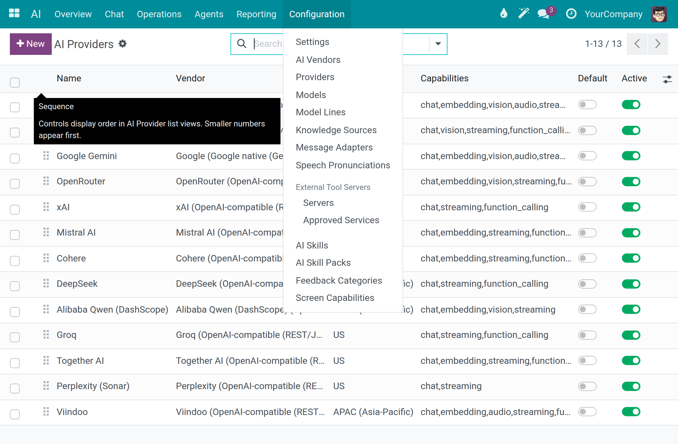 List of AI provider connections with the Data Residency column