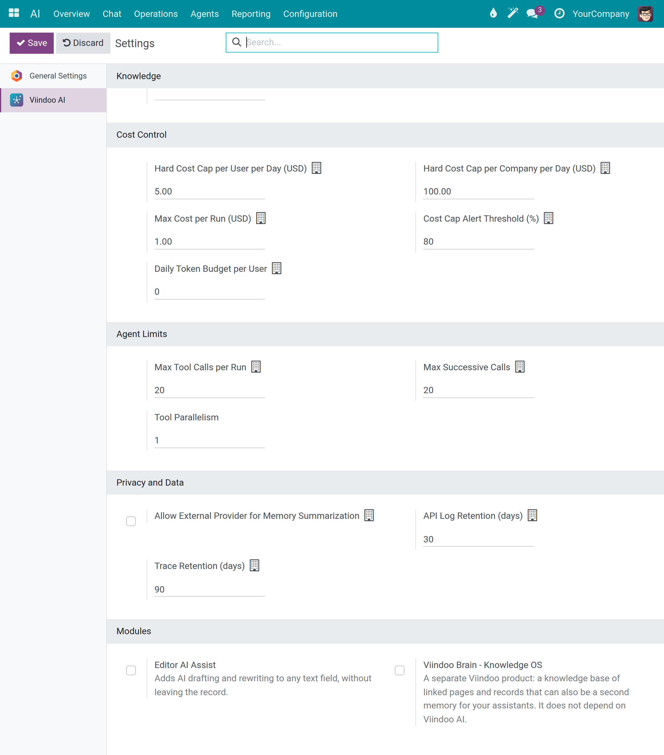 The Cost Control, Agent Limits and Privacy and Data sections of the AI settings, with the per-user daily cap saved as 5.00