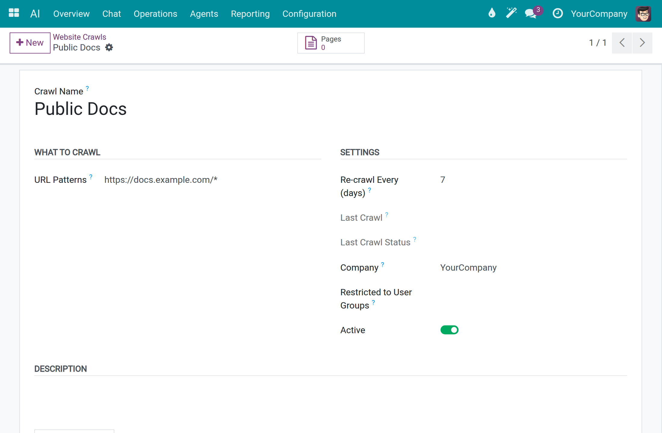 A website crawl with address pattern, refresh interval and access settings