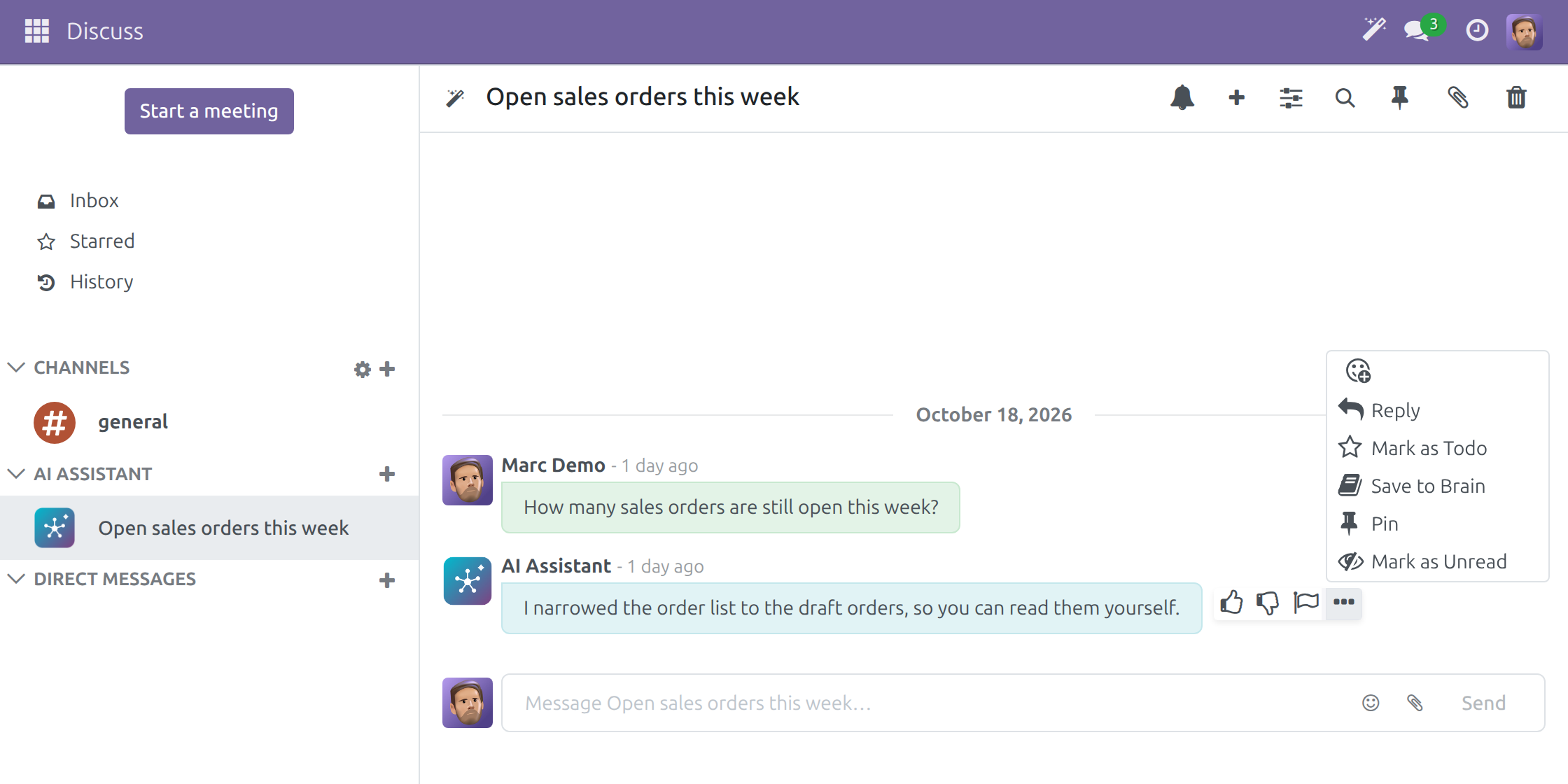 The message actions of an assistant answer in Discuss, with Save to Brain