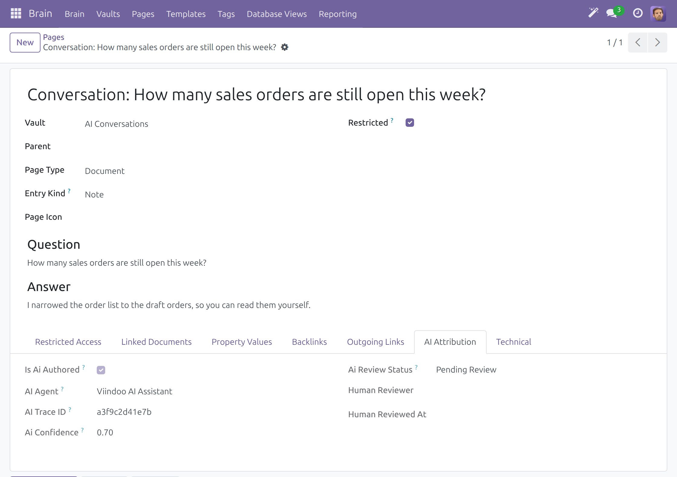 The saved Brain page with its AI Attribution tab