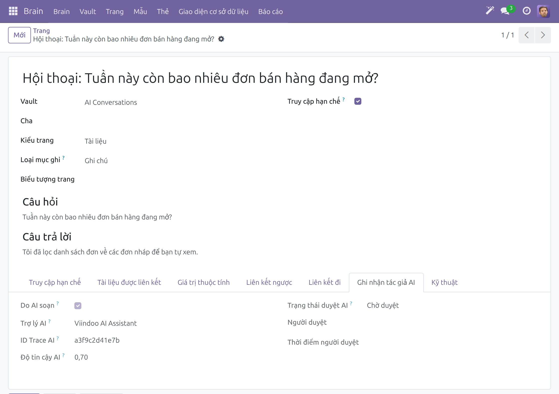 Trang Brain đã lưu với tab Ghi nhận tác giả AI