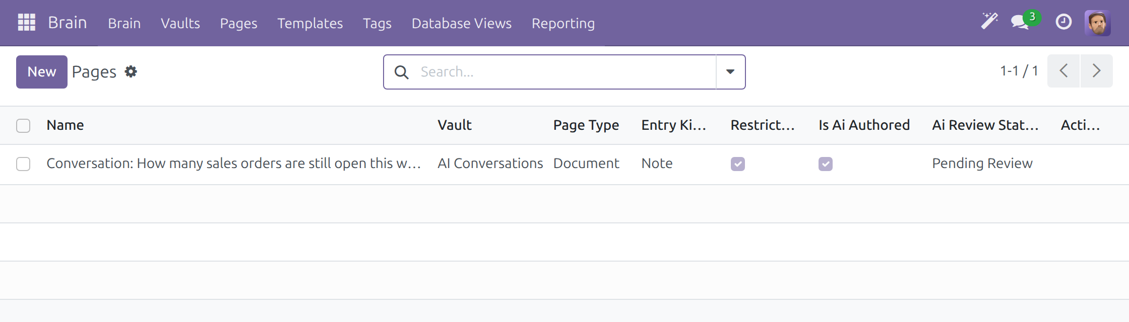 The Pages list of Brain with the saved page in the AI Conversations vault, restricted, written by AI and pending review
