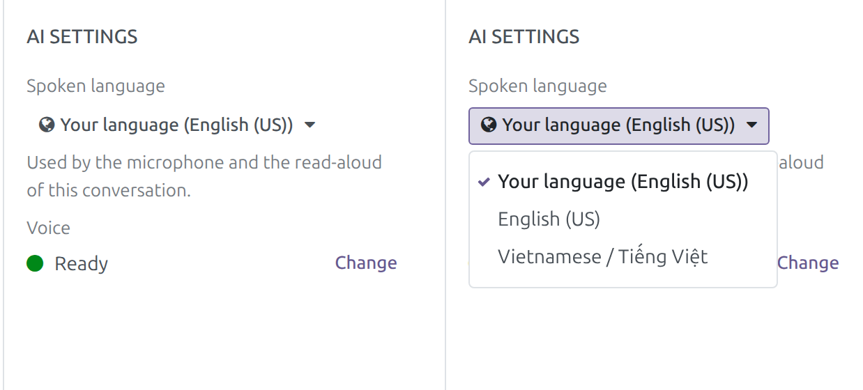 AI Settings with the Spoken language dropdown and the Voice section reading Ready