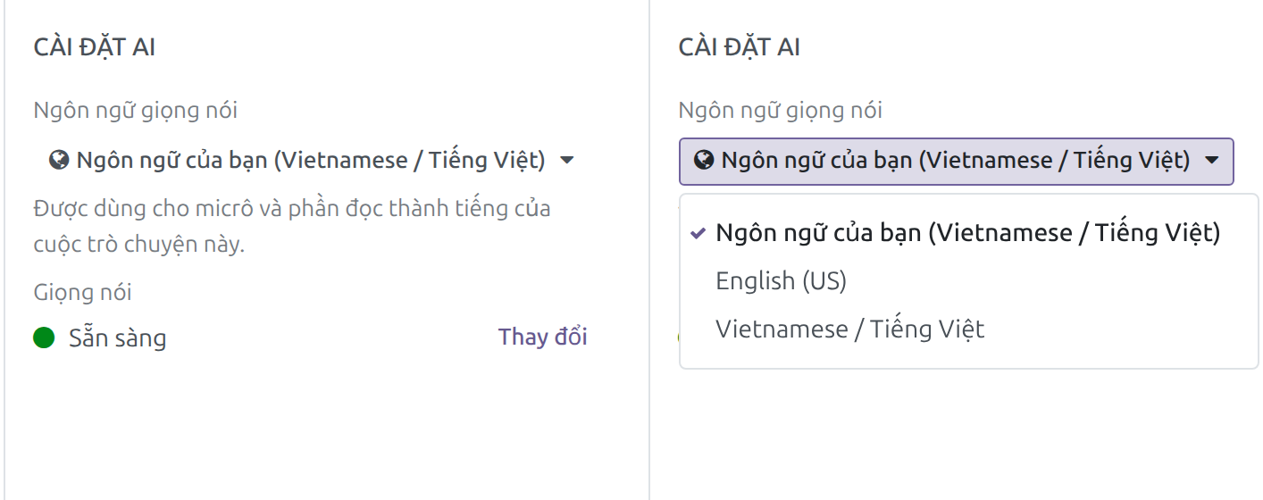 Cài đặt AI với danh sách Ngôn ngữ giọng nói và mục Giọng nói hiện Sẵn sàng