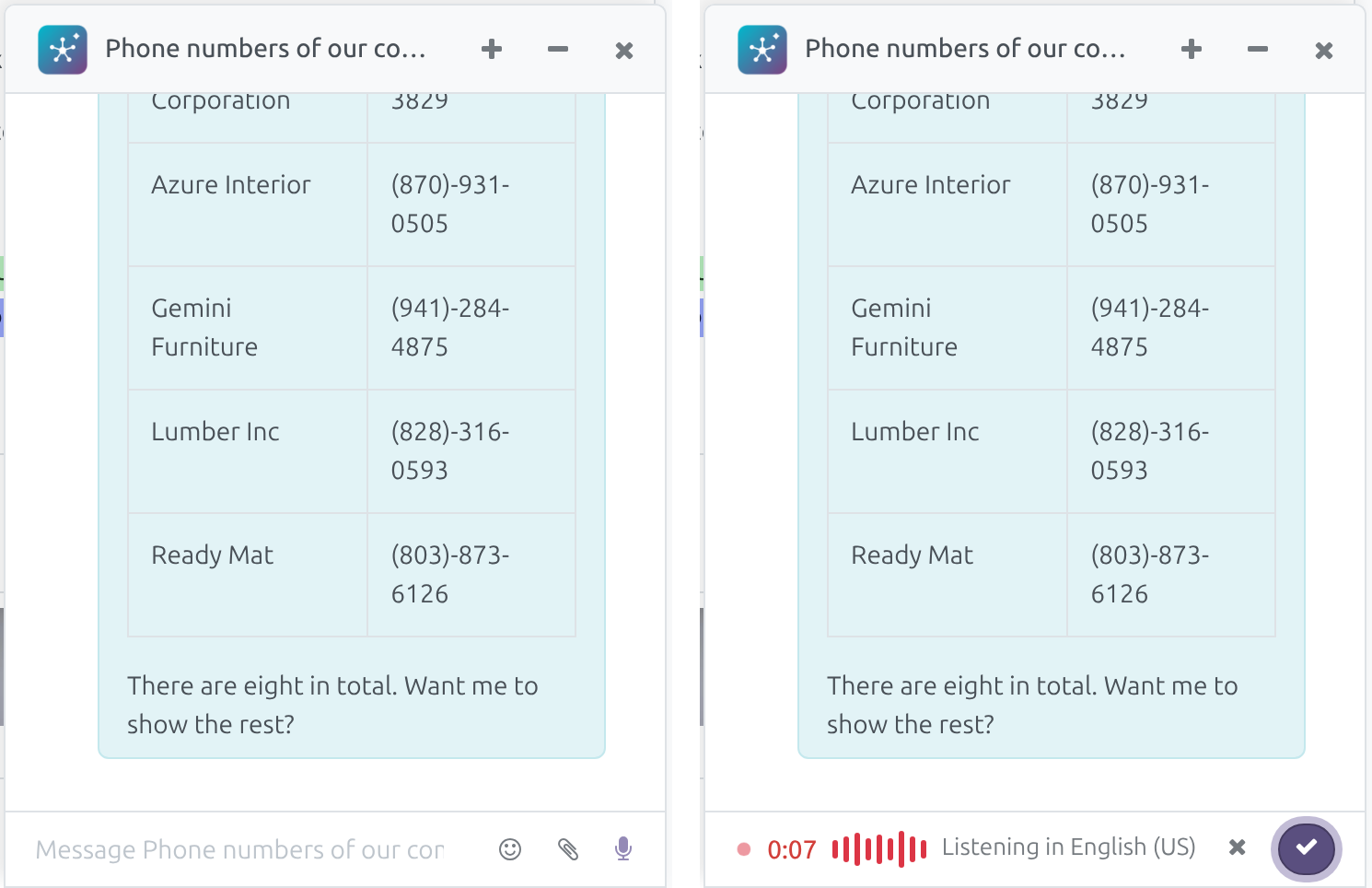 The chat window over a contact: the message box idle and recording