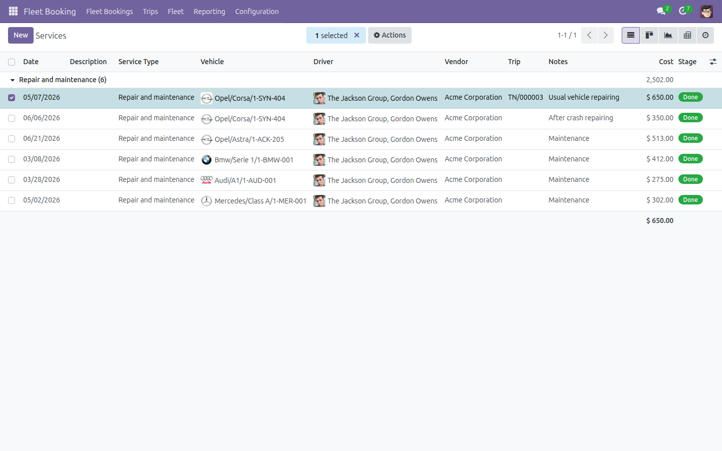 Services list with a billable, uninvoiced service row selected