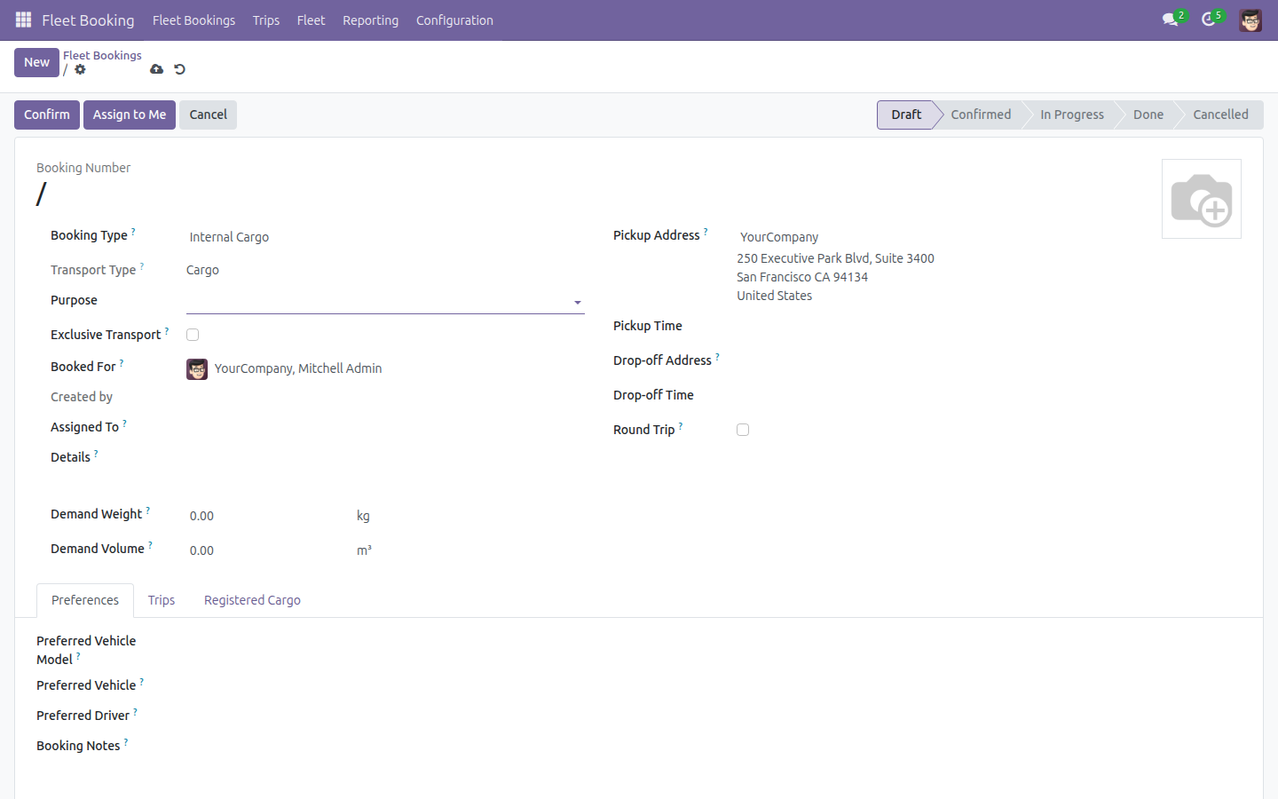 Booking Type set to Internal Cargo, Transport Type shows Cargo