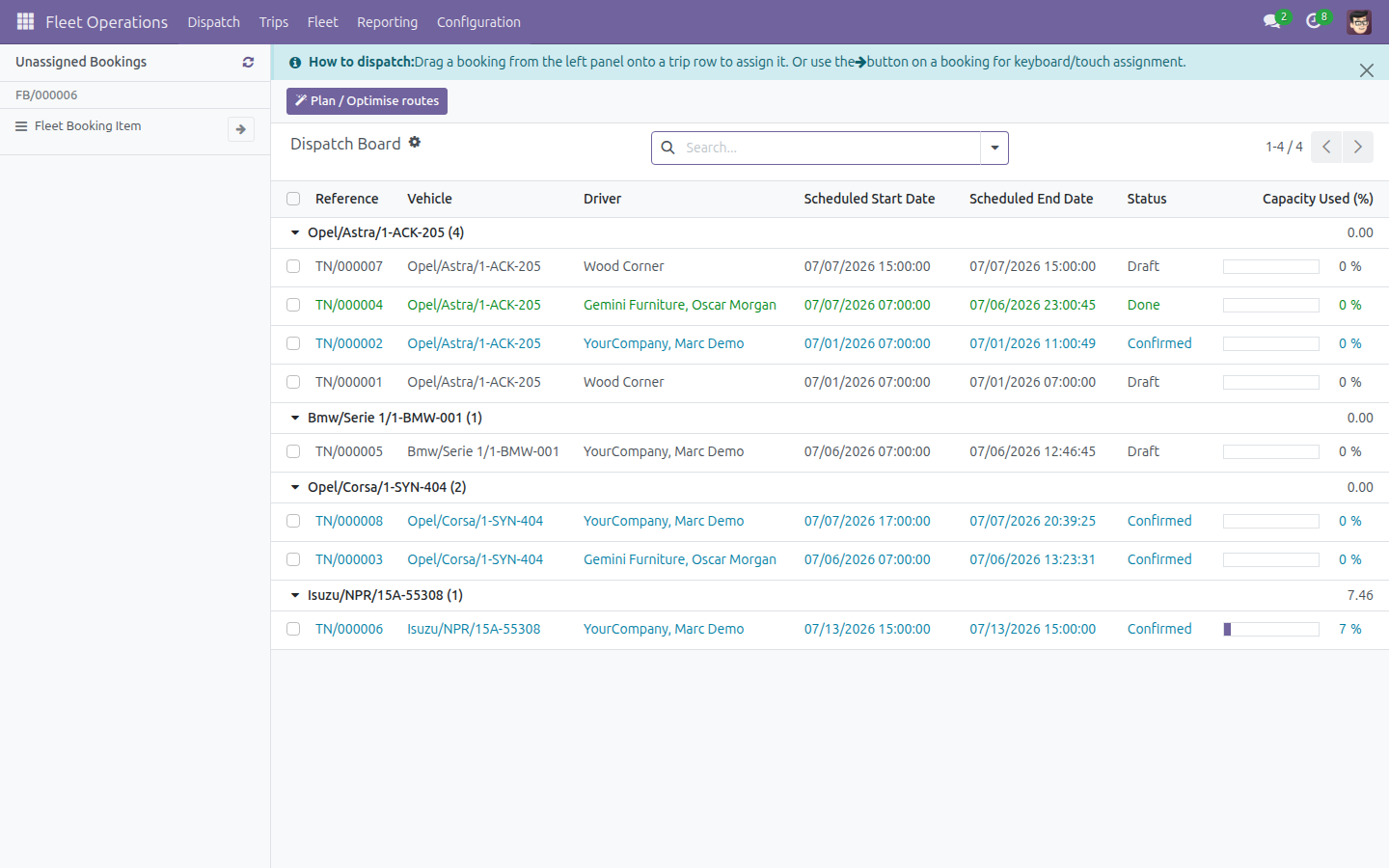 The Dispatch Board with unassigned bookings and the vehicle trip board