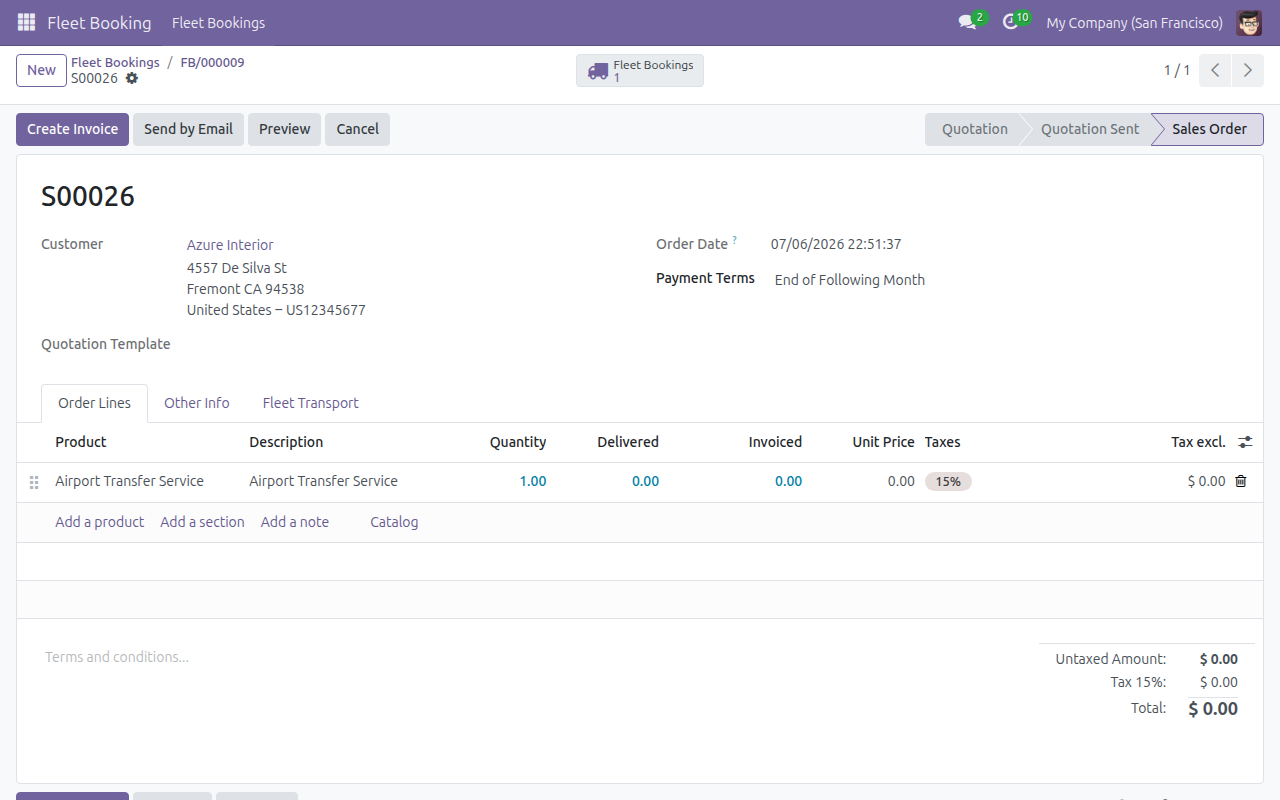Sales order form reached from the Fleet Booking's Sales Order smart button