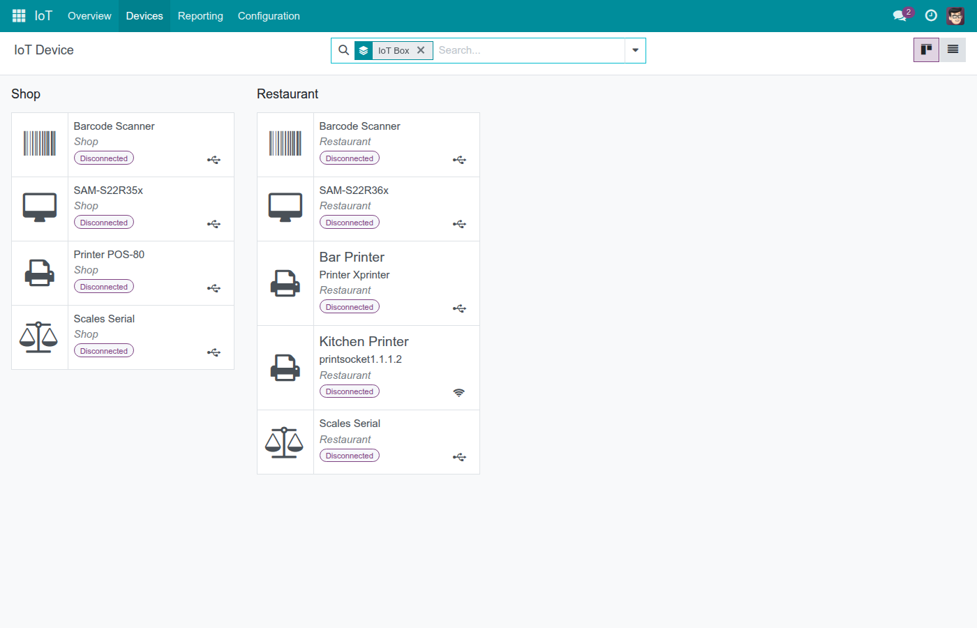 IoT Devices kanban grouped by IoT box, showing Connected or Disconnected status