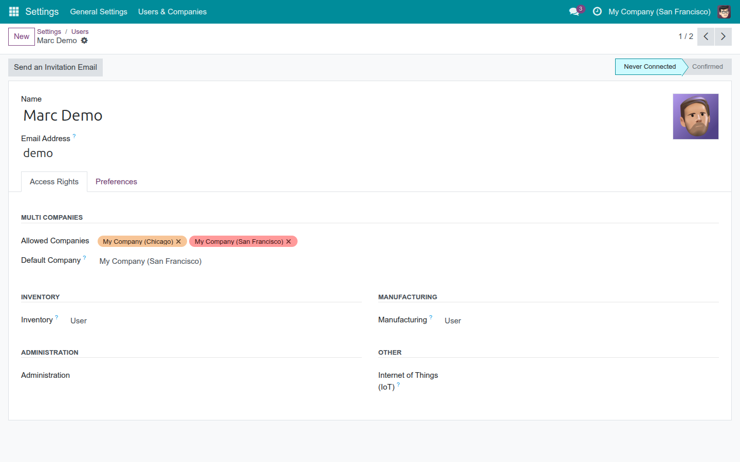 A user's Access Rights page: Manufacturing set to User, Internet of Things (IoT) left blank.