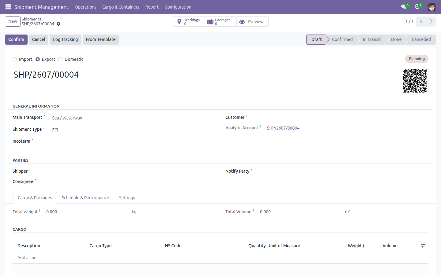 A draft shipment with no Incoterm selected yet