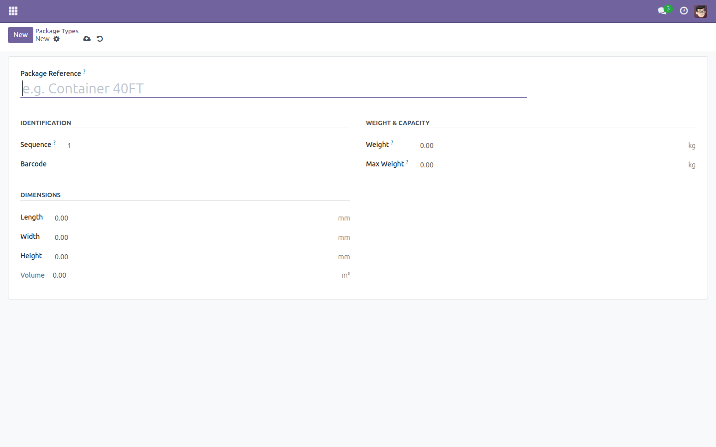 A blank Package form ready to be filled in
