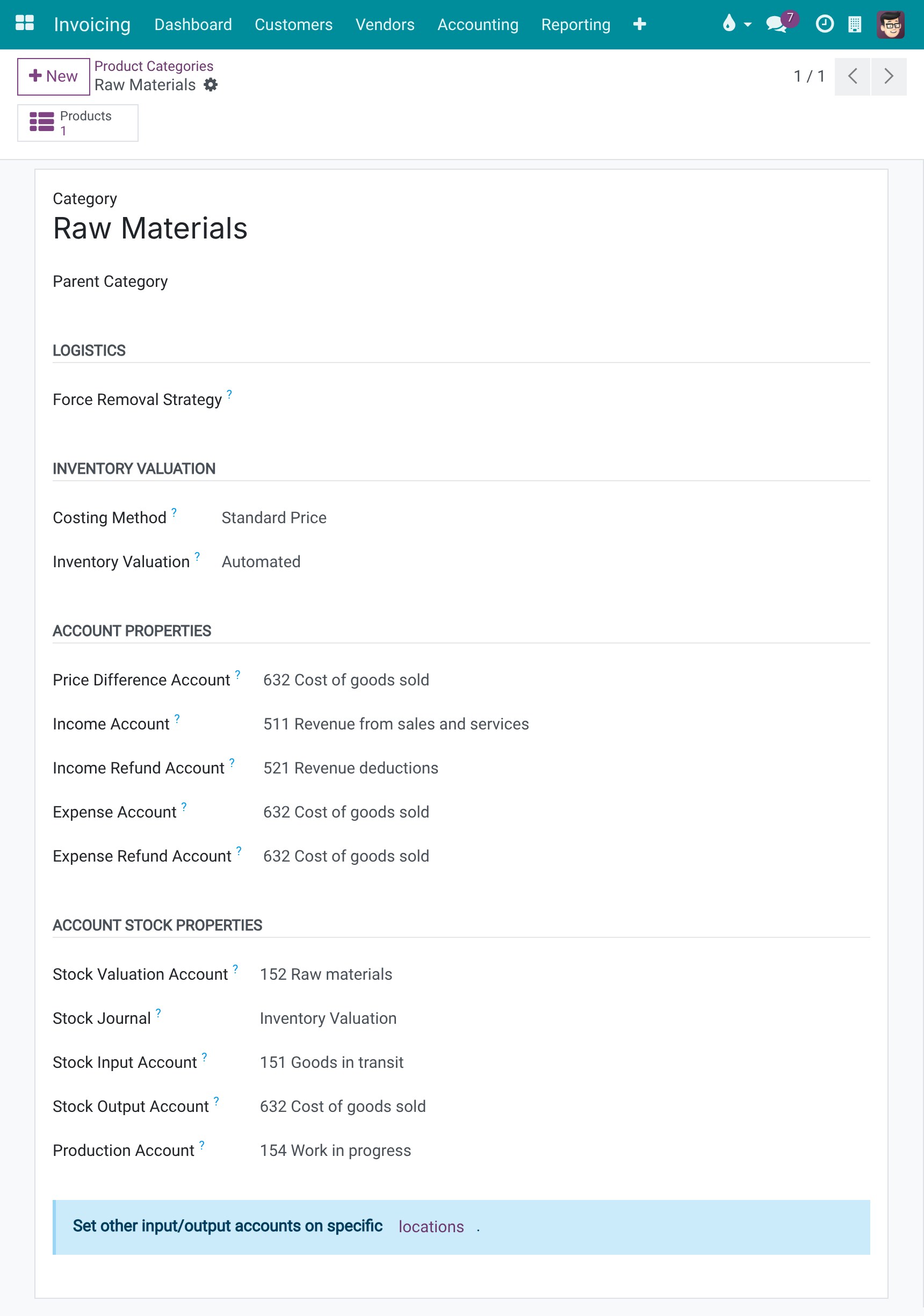 Product category Raw Materials with Stock Valuation Account 152 Raw materials and Production Account 154 Work in progress
