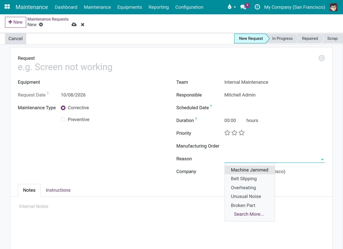 The Reason list of a new request with the ready-made reasons and one added by the company