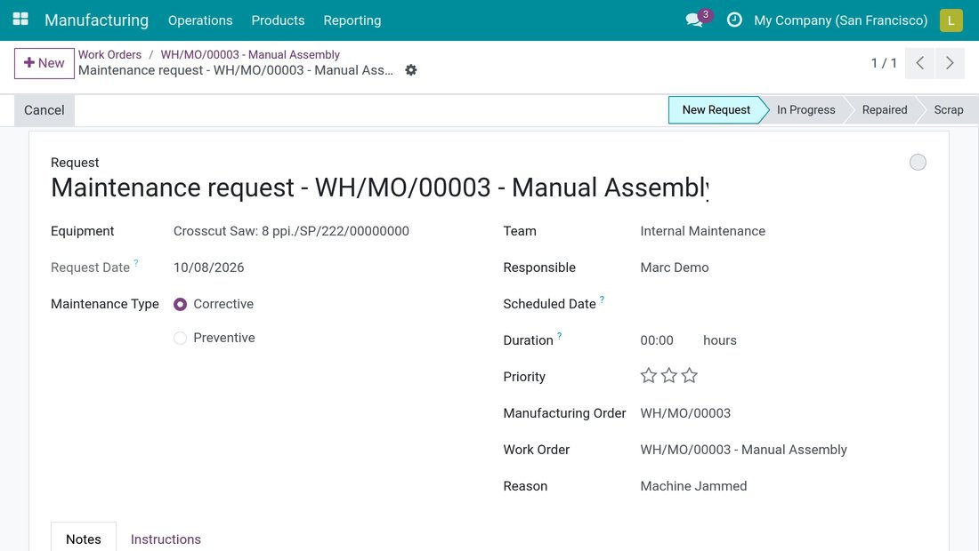 A maintenance request opened from a work order, already linked to its manufacturing order and work order, with the reason Machine Jammed