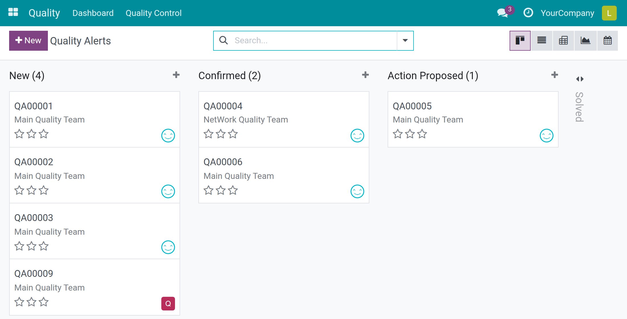 The Quality Alerts kanban with cards spread over the New, Confirmed and Action Proposed stages