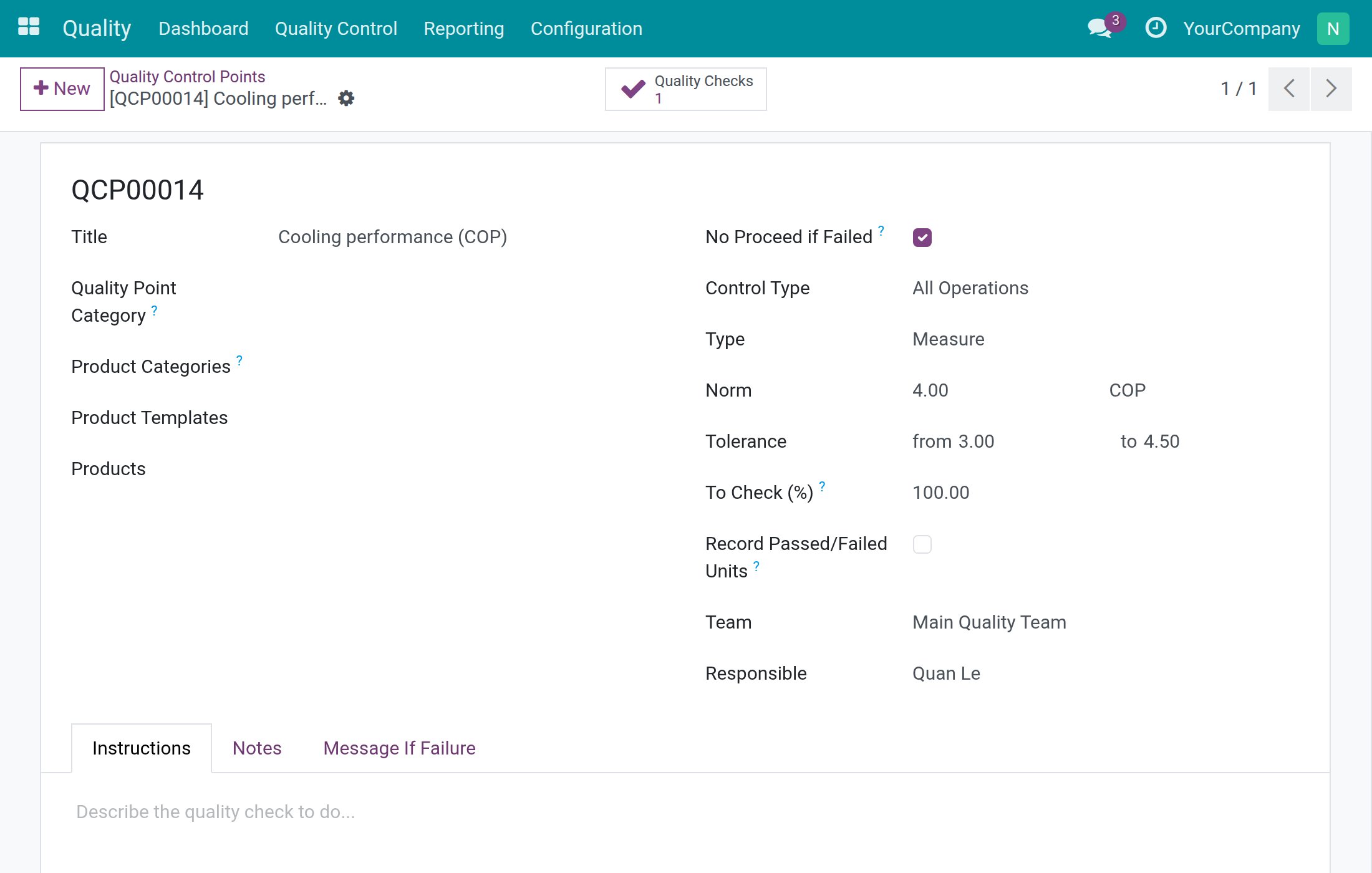 A Measure control point with its norm, tolerance, frequency and Responsible
