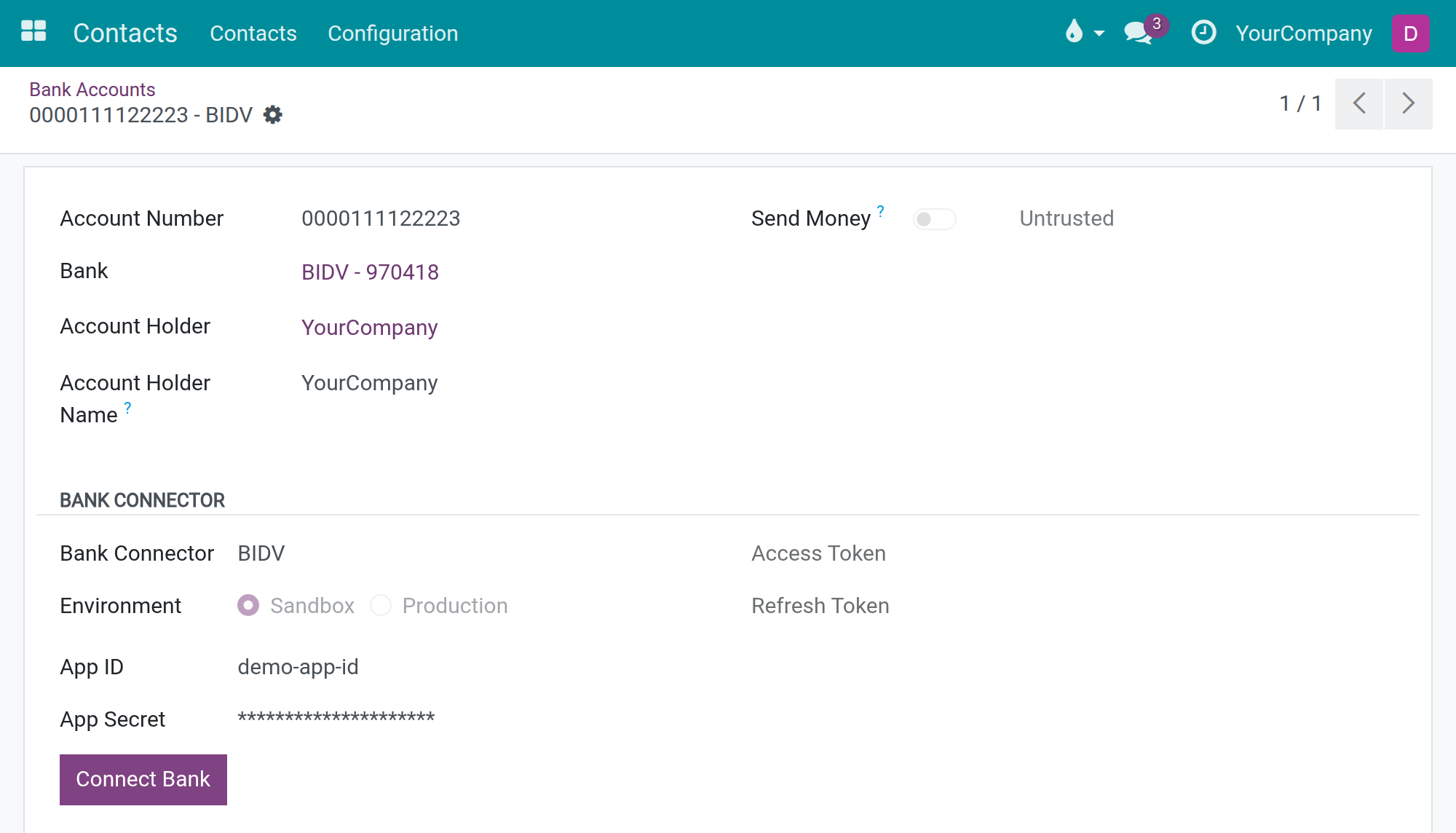 A company bank account with BIDV chosen: Bank Connector section with provider, environment, App ID, a masked App Secret and the Connect Bank button