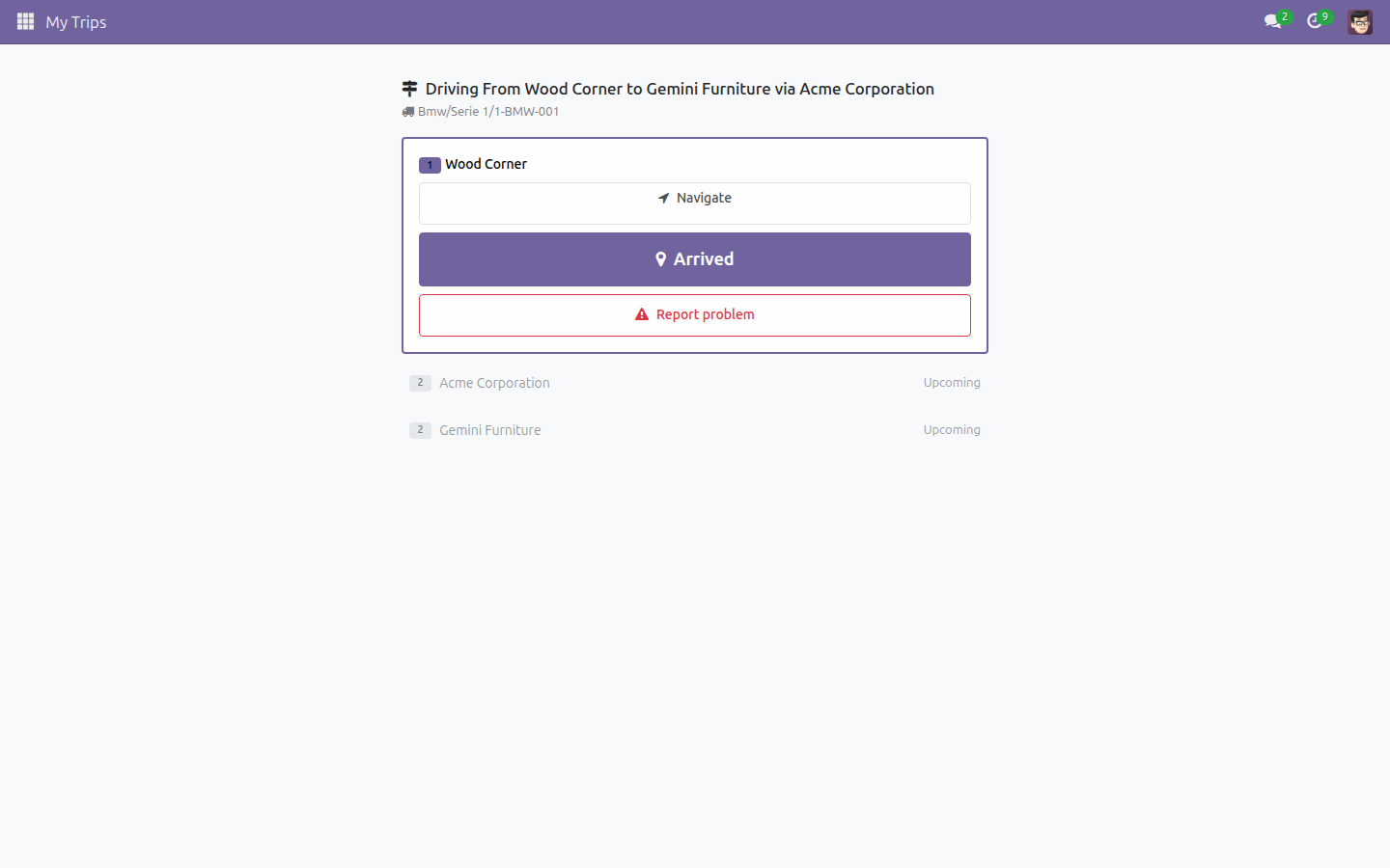 My Trips sau khi bắt đầu chuyến đi - điểm dừng 1 đang hoạt động với Navigate, Arrived và Report problem
