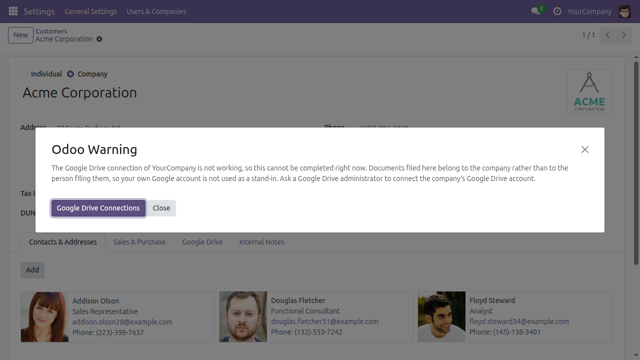 The refusal in Odoo: a dialog reading that the Google Drive connection of YourCompany is not working, that documents filed here belong to the company rather than to the person filing them, so the user's own Google account is not used as a stand-in, with a Google Drive Connections button