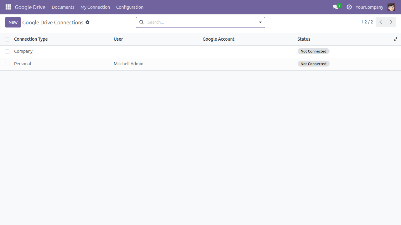 The Google Drive Connections list in Odoo showing a Company connection and a Personal connection side by side with their status