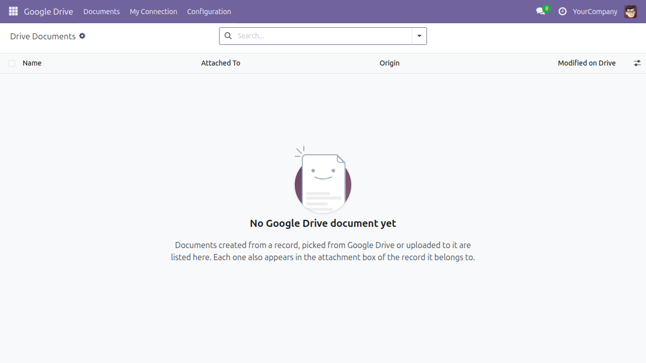 The Drive Documents list on a fresh installation, empty, with help text explaining that documents created, picked or uploaded are listed here