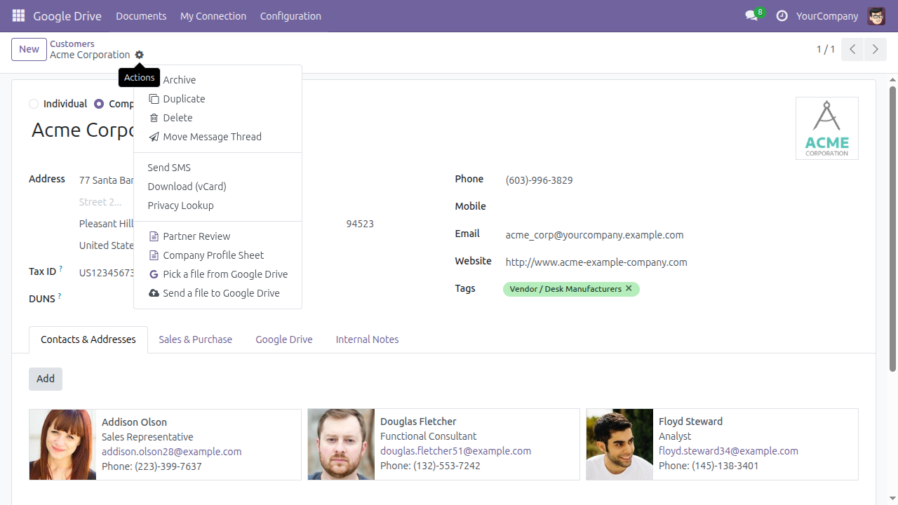 A contact record in Odoo with the Google Drive entries in its Actions menu: the registered templates Partner Review and Company Profile Sheet, Pick a file from Google Drive, and Send a file to Google Drive