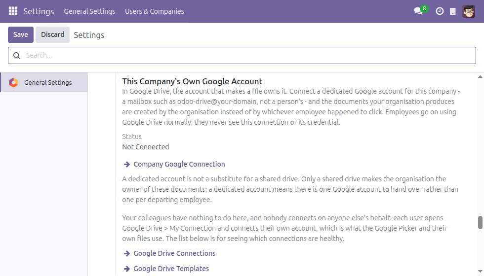 The company account section of the settings after a connection exists, showing a Status row and a Company Google Connection link