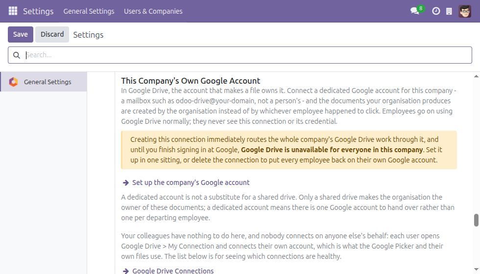 Odoo General Settings showing the block This Company's Own Google Account, its explanation, and the warning shown before the connection is created