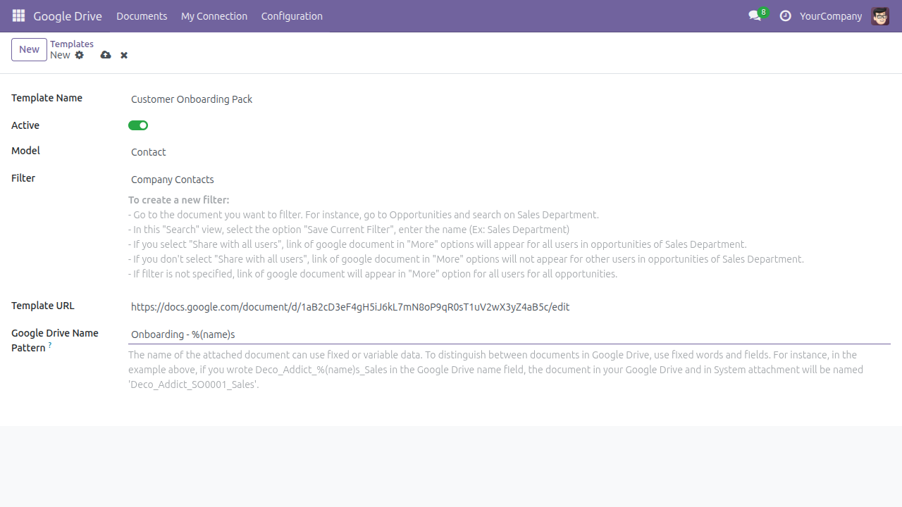 A Google Drive template form in Odoo with its Model, its Filter, the Template URL and the Google Drive Name Pattern built from the record's own fields