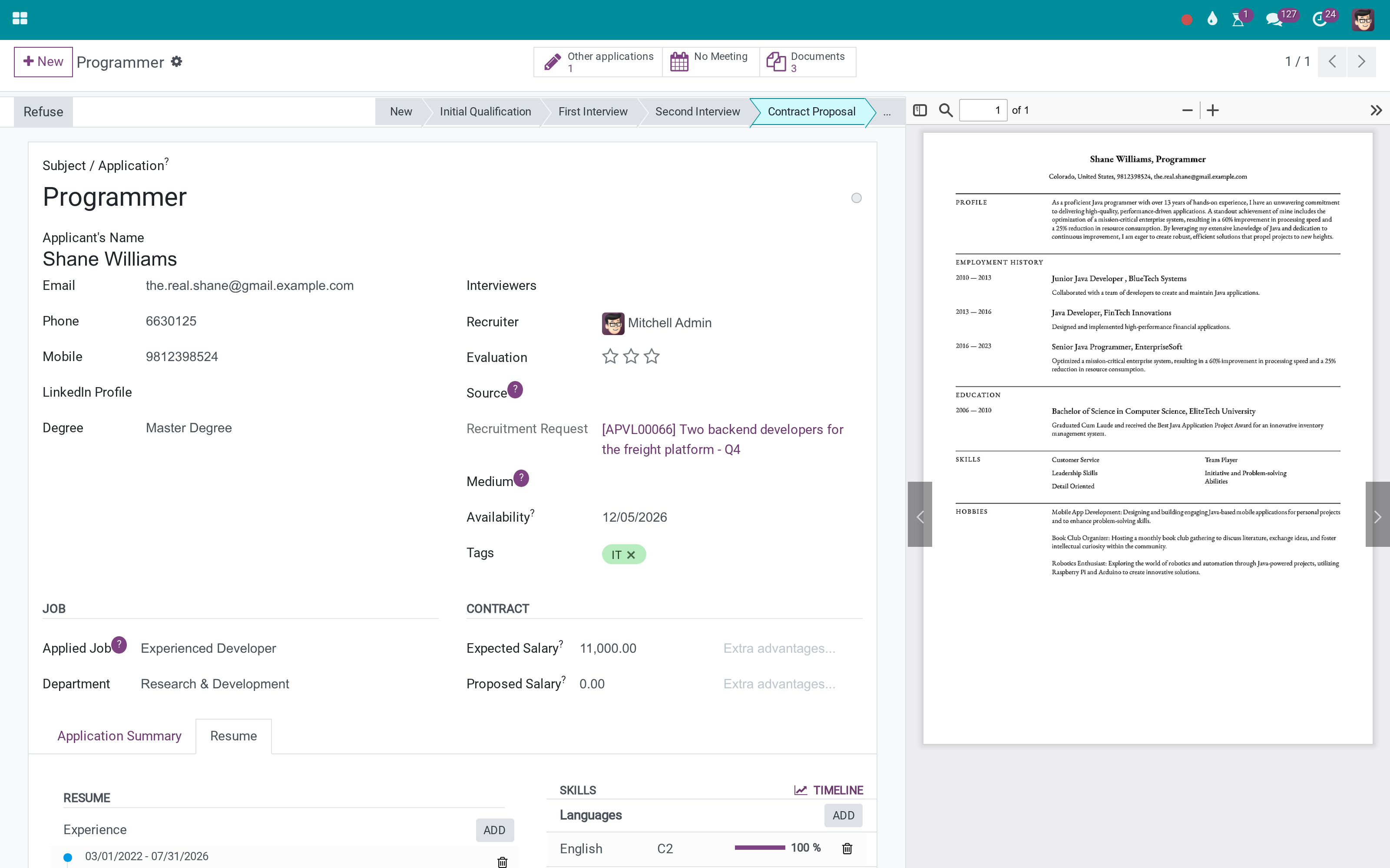 A resume on the applicant, in the same shape as the employee resume