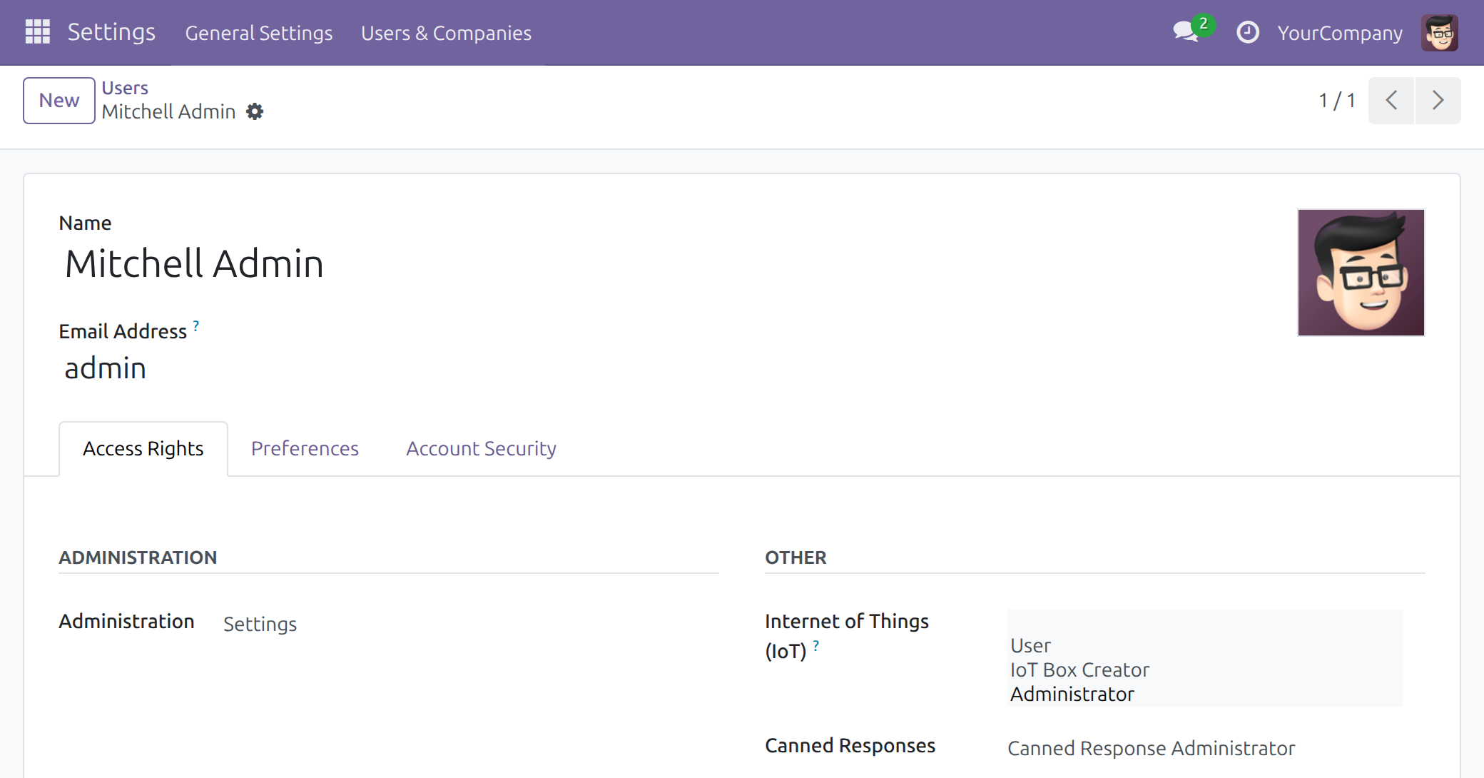 Access Rights tab of a user with the three Internet of Things (IoT) levels User, IoT Box Creator and Administrator