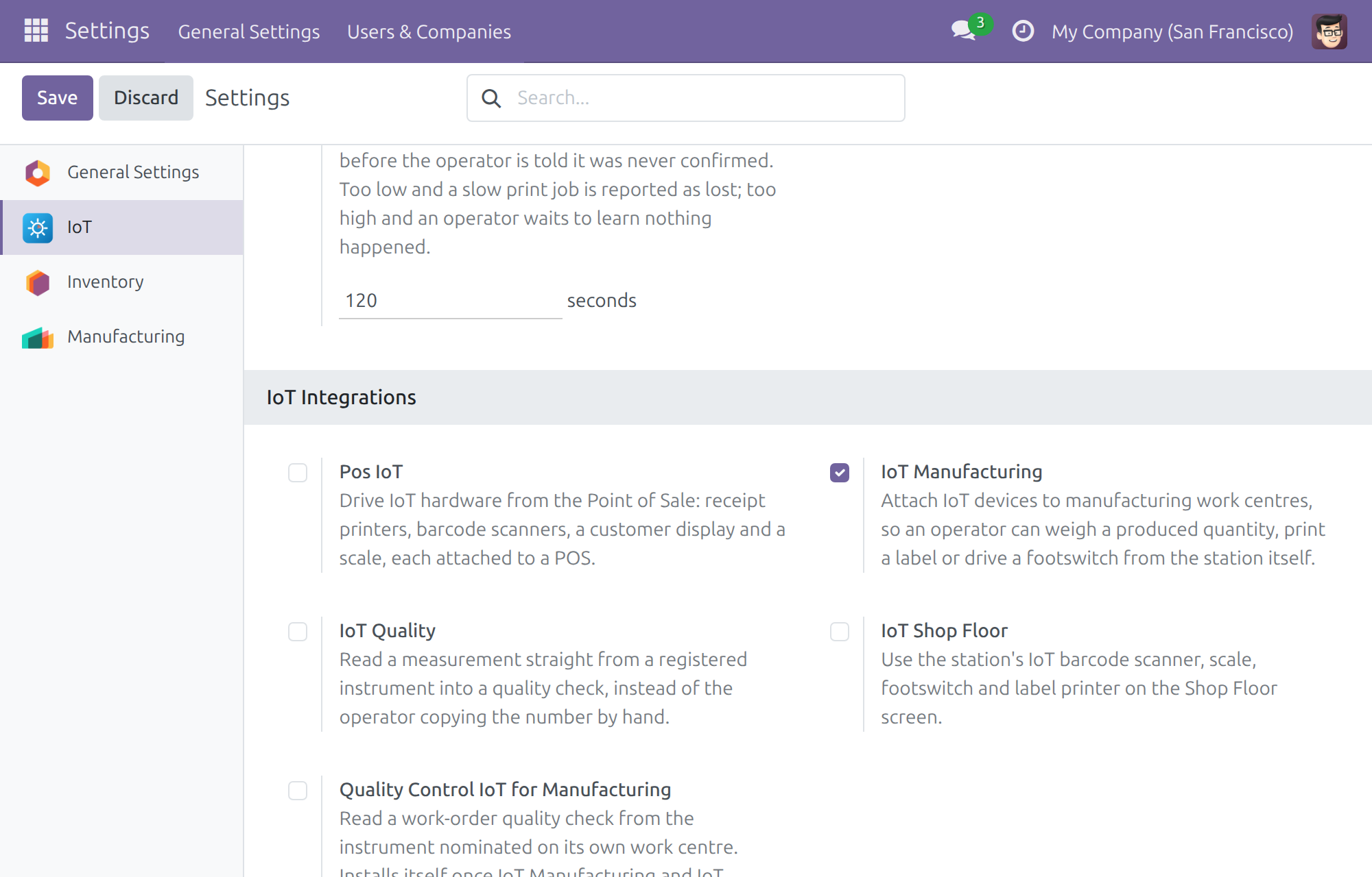 The IoT Manufacturing option under Settings, IoT, IoT Integrations.