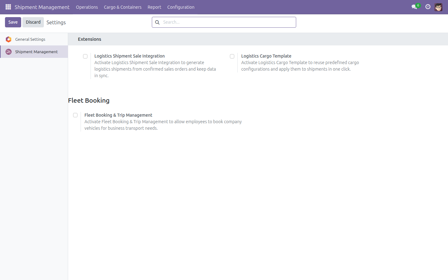 Shipment Management settings screen showing the Sales Integration, Cargo Template and Fleet Booking extension toggles