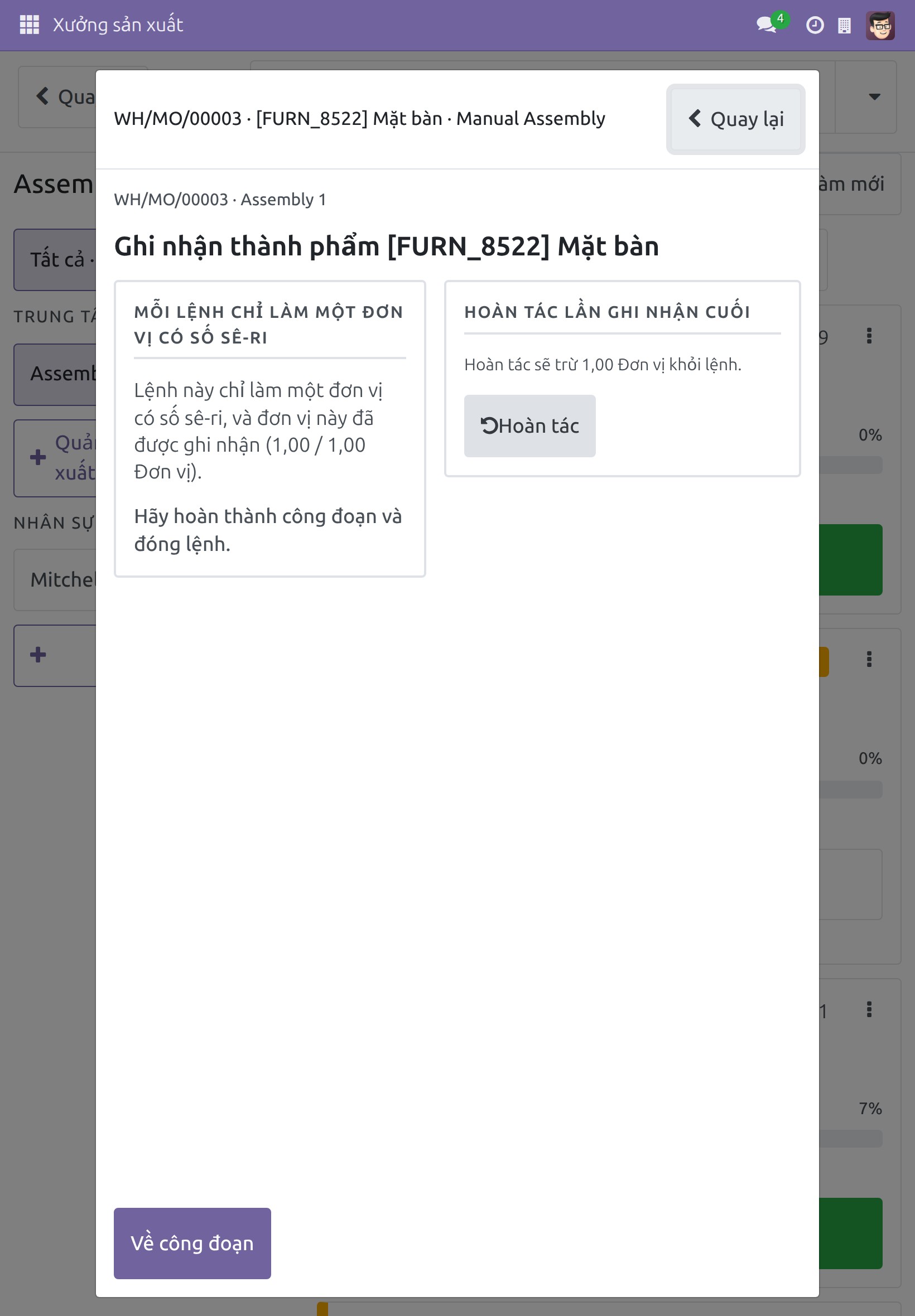 Màn hình Ghi nhận thành phẩm sau khi xác nhận số lượng bằng cách quét mã Xác nhận
