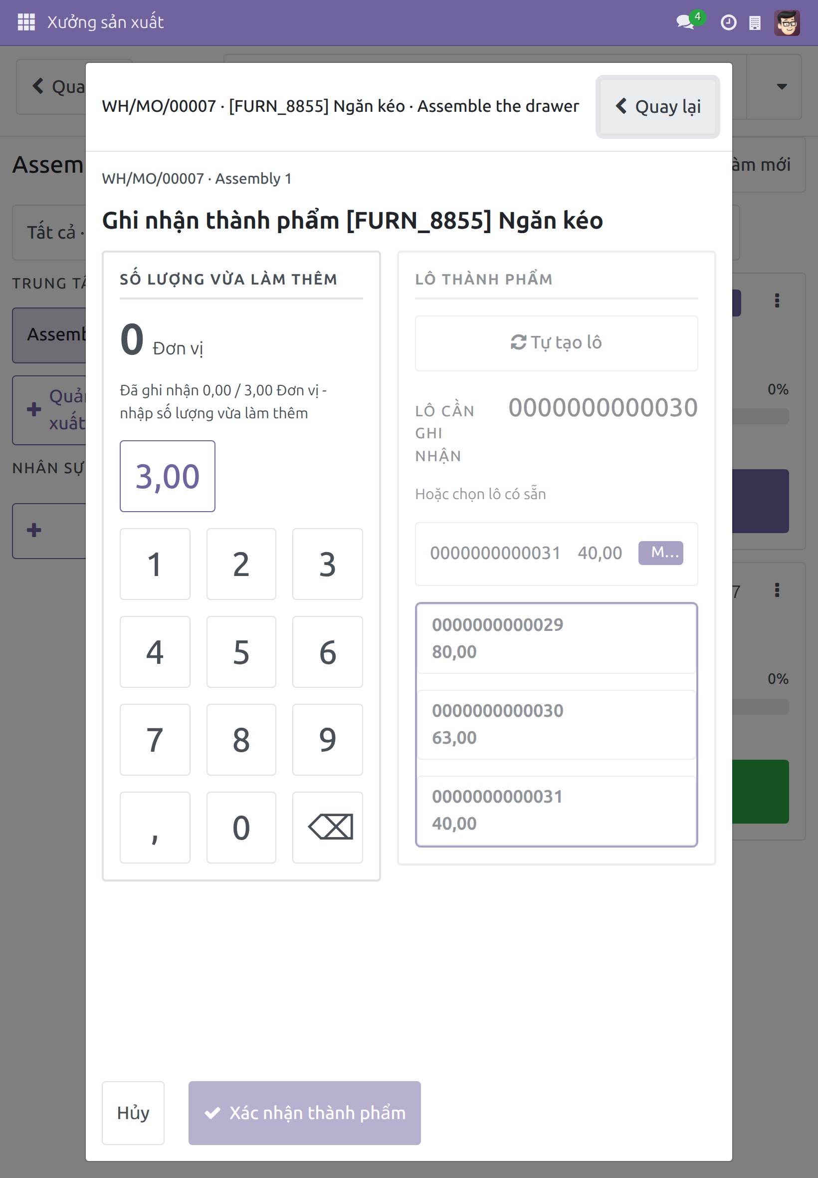 Màn hình Ghi nhận thành phẩm với số lô 0000000000030 vừa quét sẵn sàng để ghi nhận