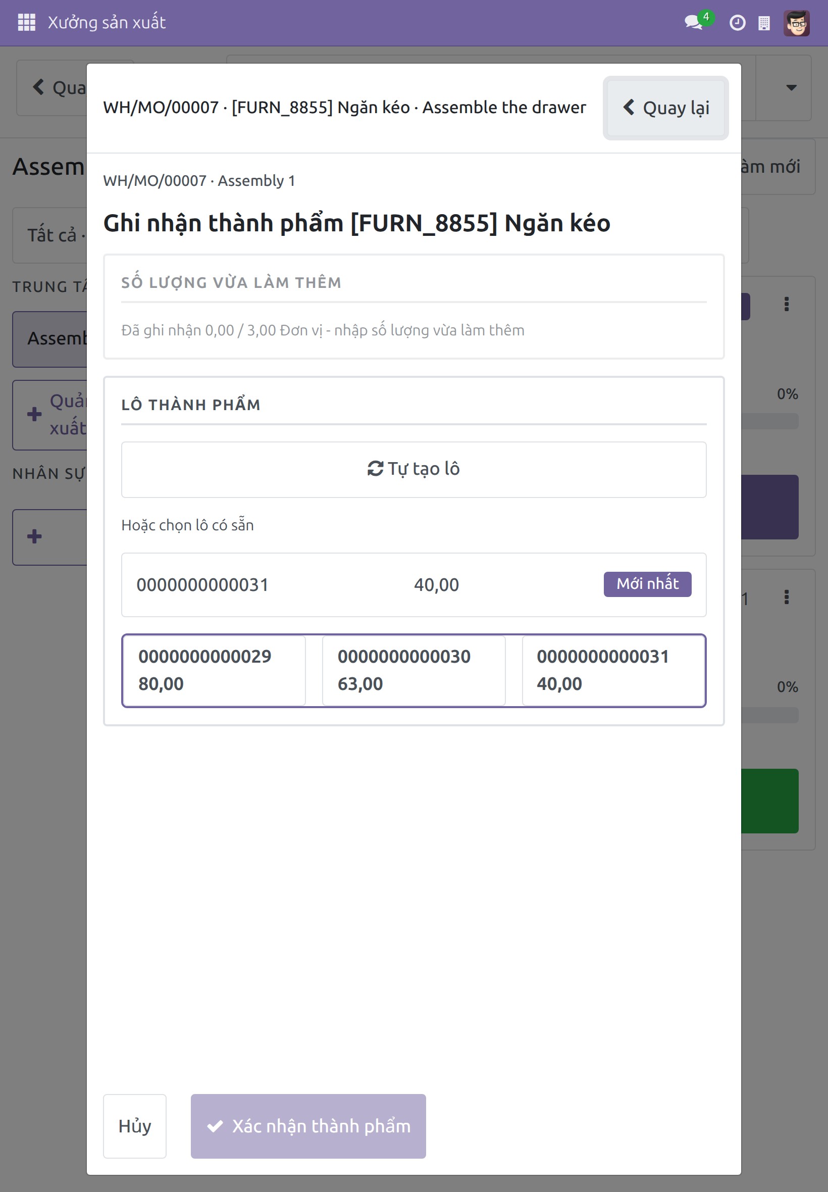 Quét sản phẩm và chọn số lô