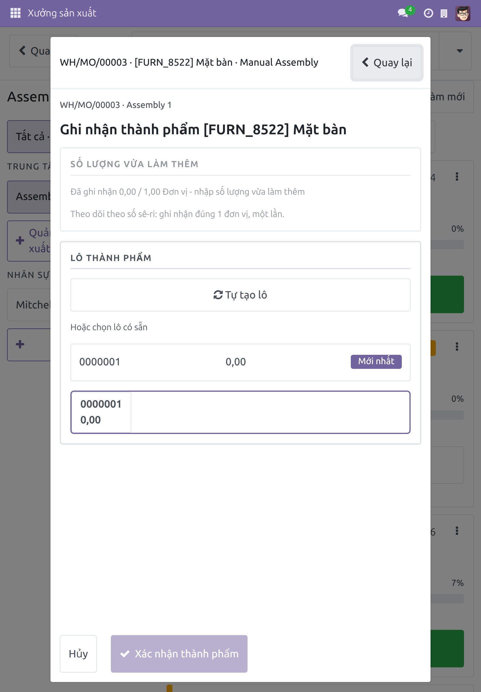 Màn hình Ghi nhận thành phẩm cho mặt bàn, theo dõi theo số sê-ri