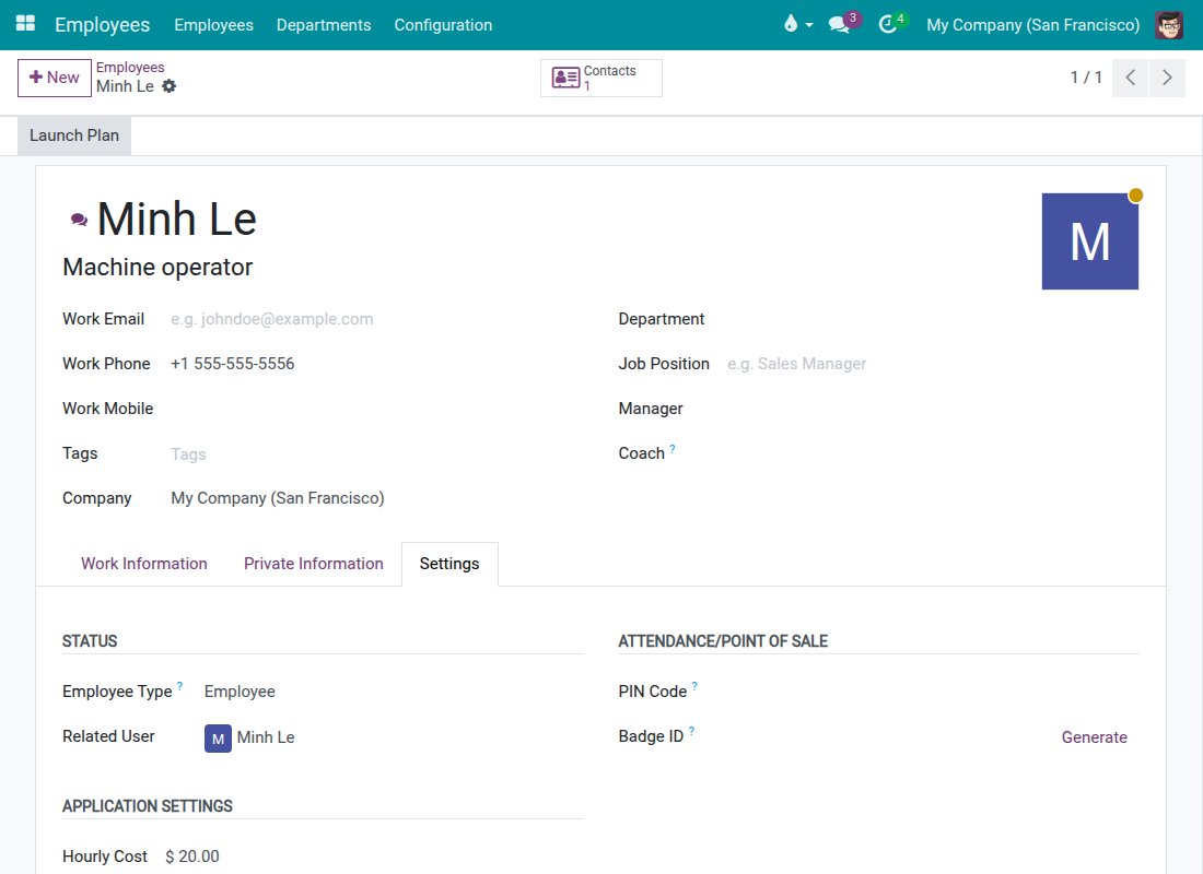 Employee form, Settings tab, with the related user and the hourly cost